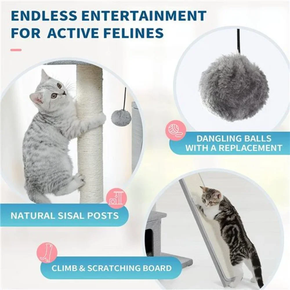 Modern Cat Tower, Wood Cat Tree with Scratch Post and Top Perch Bed, 20 Lbs